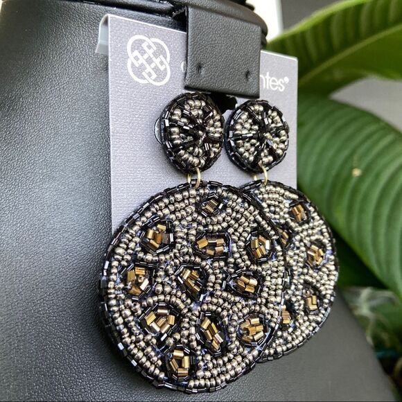 Black/Tan Beaded Circles Dangle Daisy Fuentes Fashion Earrings - Picture 4 of 8